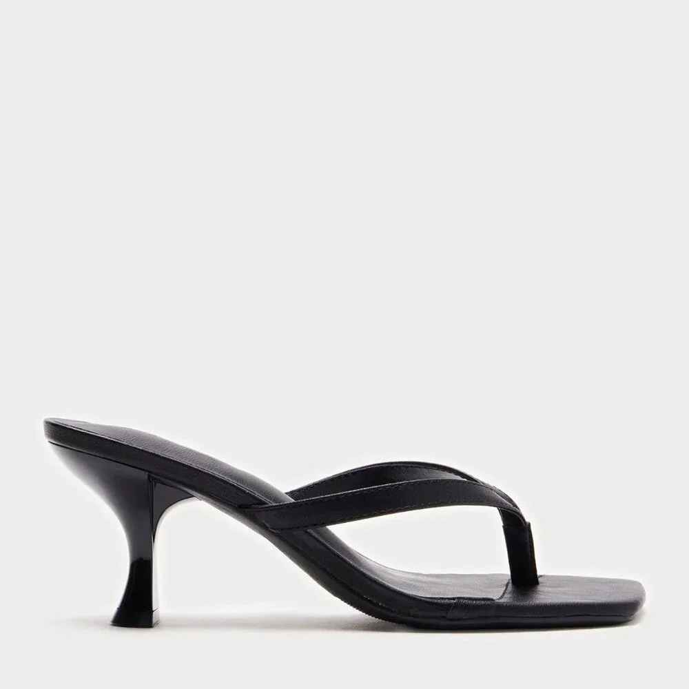 Women's Black Square-Toe Heeled Thong Sandals - Picture 5 of 6